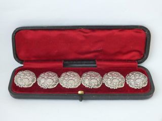 Boxed Set Of 6 Antique " Cherubs " Solid Sterling Silver Buttons 1901/ Dia 2.  5 Cm