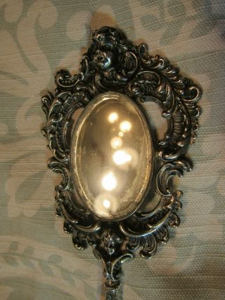 Fine Sterling Silver Repousse Antique Figural Cherub Hand Mirror 7.  5 In 54.  2 g 2