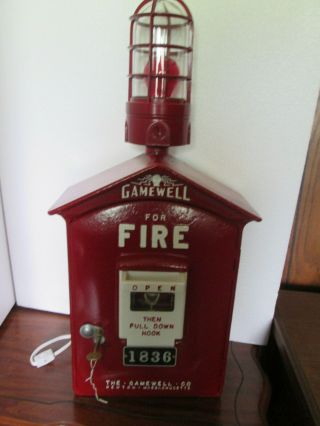 Vintage Gamewell Fire Alarm Box With Mechanism,  Key,  Red Light,  Globe & Cage