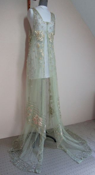 Antique 1920 Beaded Flapper Dress,  Green Silk Netting,  In Construction