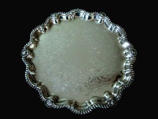 Antique English Victorian Silver Plate Footed Round Tray Scalloped Edge 11 " Dia