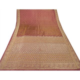 Sanskriti Vintage Mauve Heavy Saree Pure Satin Silk Hand Beads Woven Fabric Sari 4