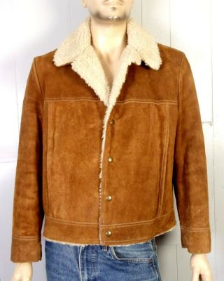 Vtg 60s Jc Penney Brown Suede Leather Jacket Faux Shearling Work 42 R
