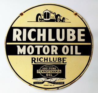 Vintage 1920s Richlube Motor Oil Enamel Sign - Large Porcelain Usa York Car