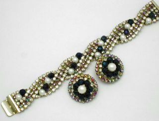 Hobe Aurora Borealis Rhinestone Pearl Beaded Vintage Bracelet And Earrings Set 2