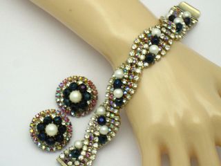 HOBE Aurora Borealis Rhinestone Pearl Beaded Vintage Bracelet and Earrings SET 2 2