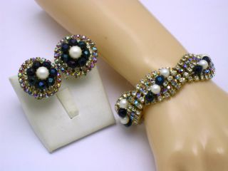 HOBE Aurora Borealis Rhinestone Pearl Beaded Vintage Bracelet and Earrings SET 2 3
