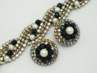 HOBE Aurora Borealis Rhinestone Pearl Beaded Vintage Bracelet and Earrings SET 2 6