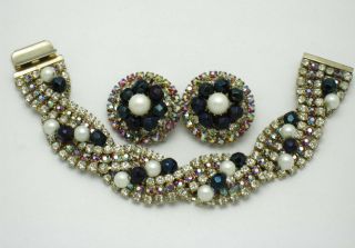 HOBE Aurora Borealis Rhinestone Pearl Beaded Vintage Bracelet and Earrings SET 2 7