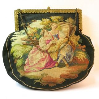 Antique Vintage Aubusson Figural Scenic Tapestry Purse France Ca.  1800s