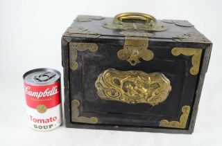 Vintage Wooden Chinese Jewelry Box With Drawers Dragon And Brass Elements