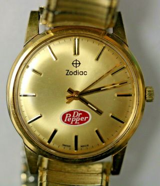 Vintage Zodiac Dr.  Pepper 721 Automatic Swiss Made 17 Jewel Gold Tone Watch