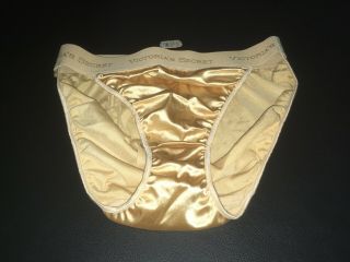 Vtg Victorias Secret Hi Cut Rio Signature Band Second Skin Satin Sz L Nwt.  Gold