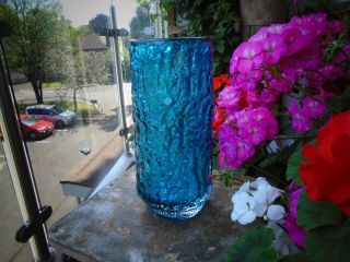 Vintage Whitefriars Fluted Blue Bark Vase 10 1/2 In High With Labels