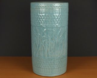Vintage Mccoy Pottery Matte Aqua 20 " Iris Design Umbrella Stand C1940s