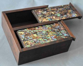 Handwork Collectable Old Boxwood Inlay Shell Ancient King Palance Jewelry Box 2