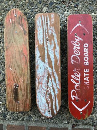 3 Vintage Red Wooden Roller Derby / Skate N Glide Skateboards