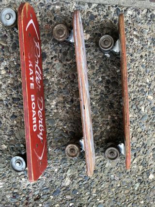 3 Vintage Red Wooden Roller Derby / Skate N Glide Skateboards 4