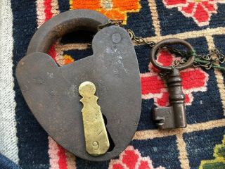 Huge Antique Iron Padlock Lock & Key 10