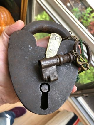 Huge Antique Iron Padlock Lock & Key 2