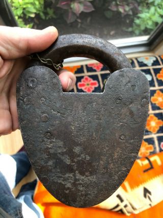 Huge Antique Iron Padlock Lock & Key 3