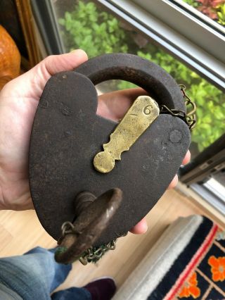 Huge Antique Iron Padlock Lock & Key 5