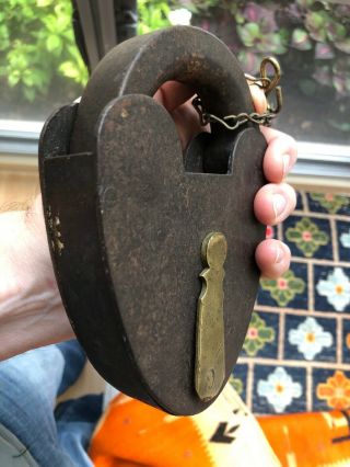 Huge Antique Iron Padlock Lock & Key 9