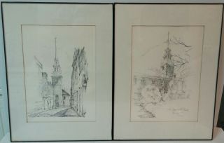 2 - Vintage Signed Prints Charles Overly The Old North Church Boston 1723 Framed