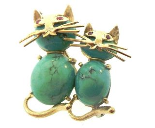 Estate Vintage Turquoise & Ruby Solid 18k Yellow Gold 2 Kitties Pin/pendant