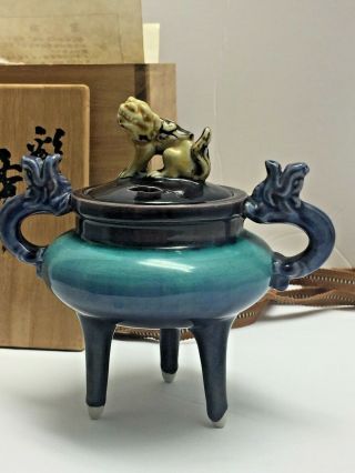 Signed Vintage Japanese Pottery Koro Censer / Incense Burner Foo Dogs Wood Box