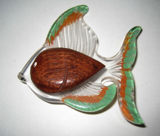 Vintage Reverse Carved Painted Lucite Fish Pin Brooch Bakelite Era 1930 