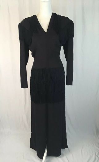 Vintage 1940s Black Ruched Fringe Flapper Dress Drop Waist Formal Costume Dress