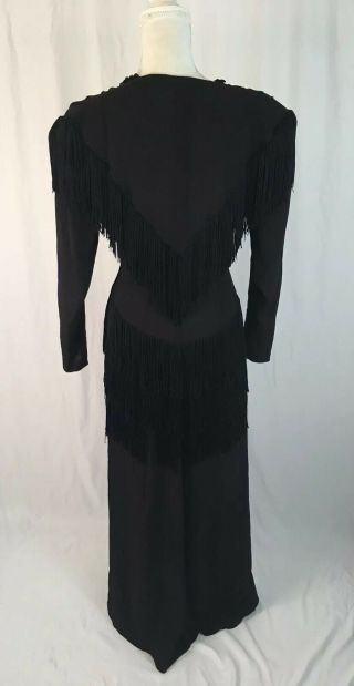 Vintage 1940s Black Ruched Fringe Flapper Dress Drop Waist Formal Costume Dress 2