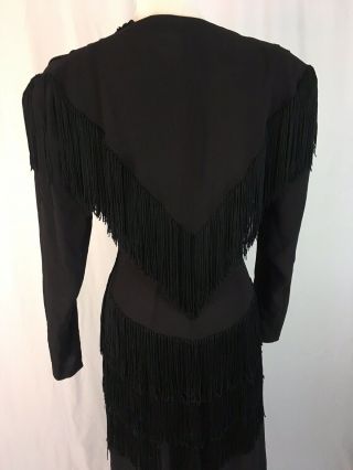 Vintage 1940s Black Ruched Fringe Flapper Dress Drop Waist Formal Costume Dress 8