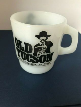 Vintage Anchor Hocking Old Tucson Milk Glass Mug Advertisement