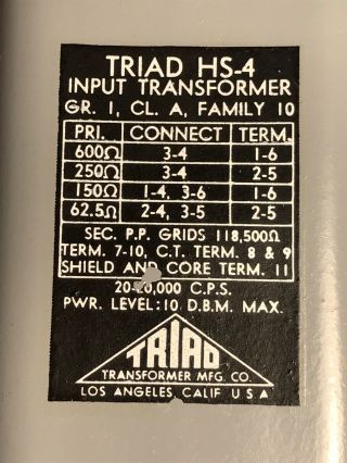 Triad HS - 4 Audio Input Step Up Transformer Rare 11