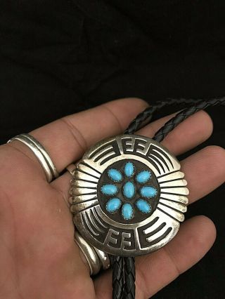 Vintage Sterling Silver And Turquoise Bolo Tie Navajo Rosco Scott