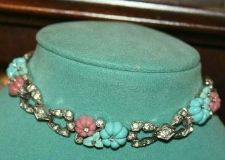 Older Ktf Signed Bracelet With Lucite Flowers And Rhinestones