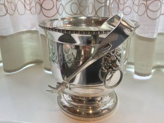 Vintage Silver Plated Hand Engraved Lions Head Ice Bucket And Tongs