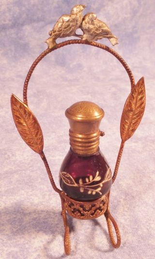 Antique 19th C Chatelaine Perfume Bottle Amethyst W Enamel,  Brass Stand W Birds