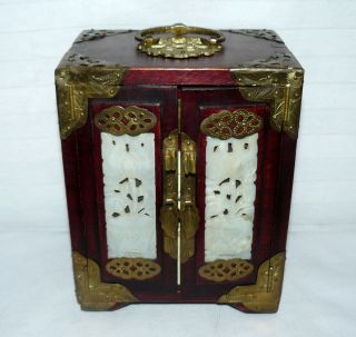 Chinese Vintage Brass & Wood Jadeite Flowers Jewelry Box W Lock 3 Drawers