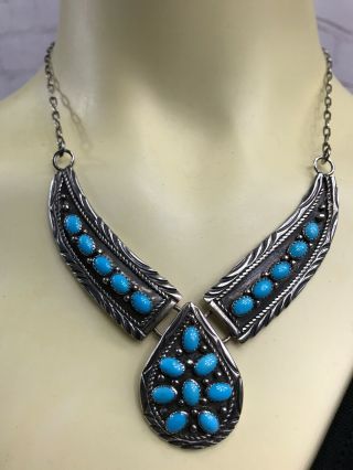 Vintage Navajo Ella Peter Signed Sterling Silver Turquoise Bar Pendant Necklace