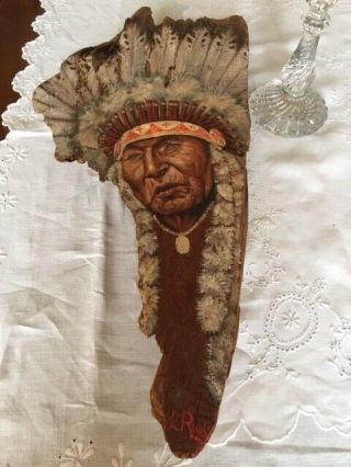 Vintage Native American Indian Art Signed Oil Wood Painting 1978