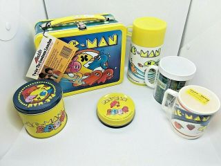 Assorted Pac - Man 1980 Metal Tins,  Cups,  Lunch Box Aladdin Bally Midway Vintage
