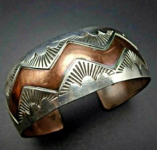 Signed Vintage Navajo Hand Stamped Sterling Silver And Copper Cuff Bracelet