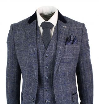 Mens Blue Navy 3 Piece Tweed Suit Herringbone Vintage Peaky Blinders 1920 