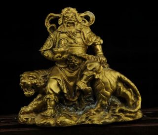 China Old Antique Hand Made Brass Guan Yu And Tiger Statue B02