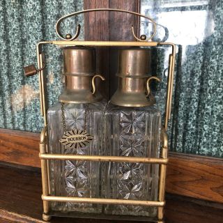 Antique Vintage Set Brass Glass Pump Liquor Decanter Bottle Gin Bourbon Art Deco