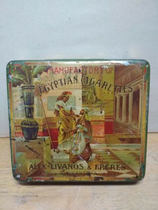 Greek Vintage Rare Tin Litho Empty Box Egyptian Cigarettes Alex - Livanos - Freres