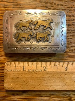 Vintage Signed Navajo Jacob Kahe Sterling Silver Wild Horses Belt Buckle